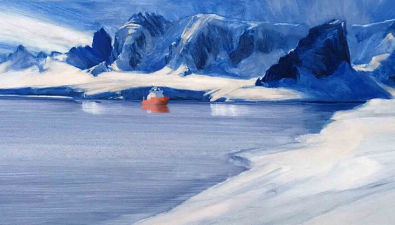 Painting of a snowy and icy landscape