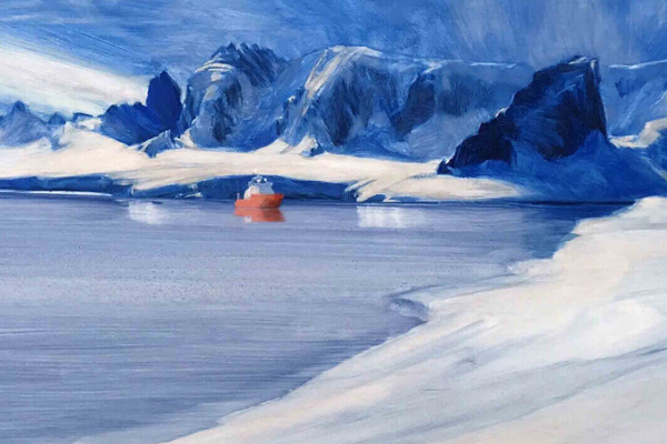 Painting of a snowy and icy landscape