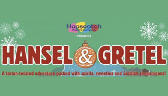 "Hansel and Gretel" in red text on a green background with the hopscotch logo above