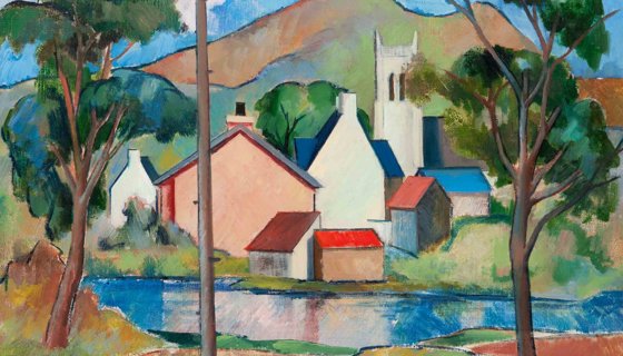 Art piece of buildings and trees next to a river with hills in the background