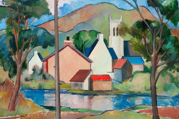 Art piece of buildings and trees next to a river with hills in the background