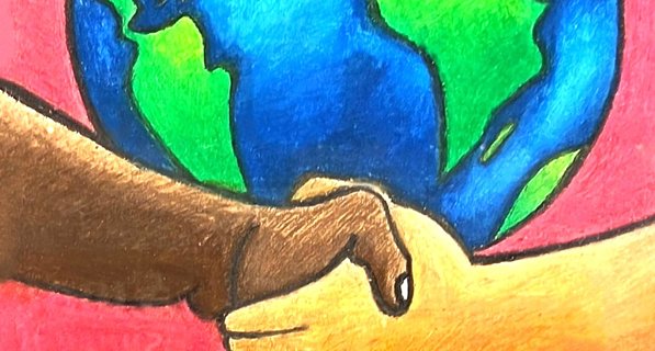 a drawing of two people shaking hands in front of planet earth with the word 'equality' underneath