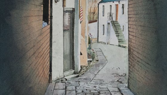 Painting of an alleyway with buildings on the other end