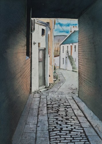 Painting of an alleyway with buildings on the other end