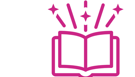 Majenta open book with lines and stars at the top of the book