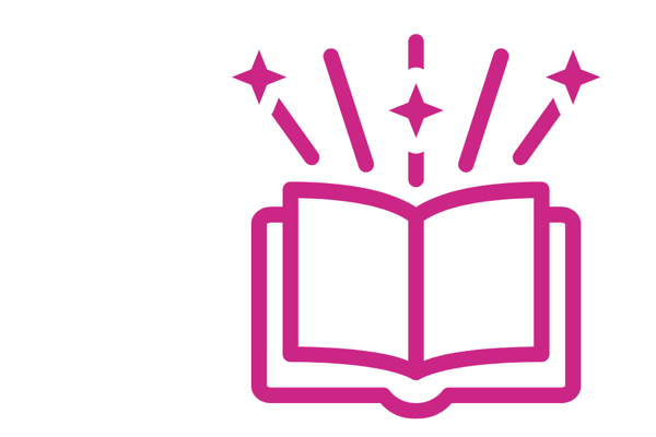 Majenta open book with lines and stars at the top of the book