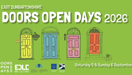 Illustrations of different coloured doors on a green background with text that reads 'doors open days 2026'
