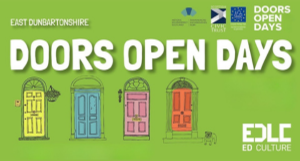a graphic featuring four front doors all different colours on a green background with text that reads 'doors open days'