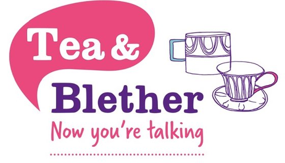 Pink and purple graphic with the text 'tea & blether now you're talking' next to two coffee mugs