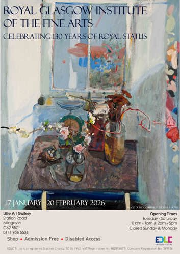 Royal Glasgow Institute of the fine arts. Ceebrating 130 years of royal status. 17 January – 20 February 2026Opening times  Tuesday - Saturday 10am - 1pm & 2pm - 5pm Admission is free.  Where?  Lillie Art Gallery Station Road Milngavie G62 8BZ 0141 956 5536 2&3