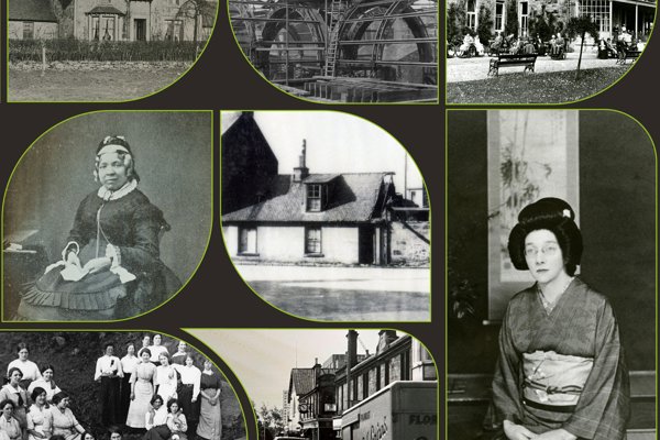 black and white images of various buildings and people